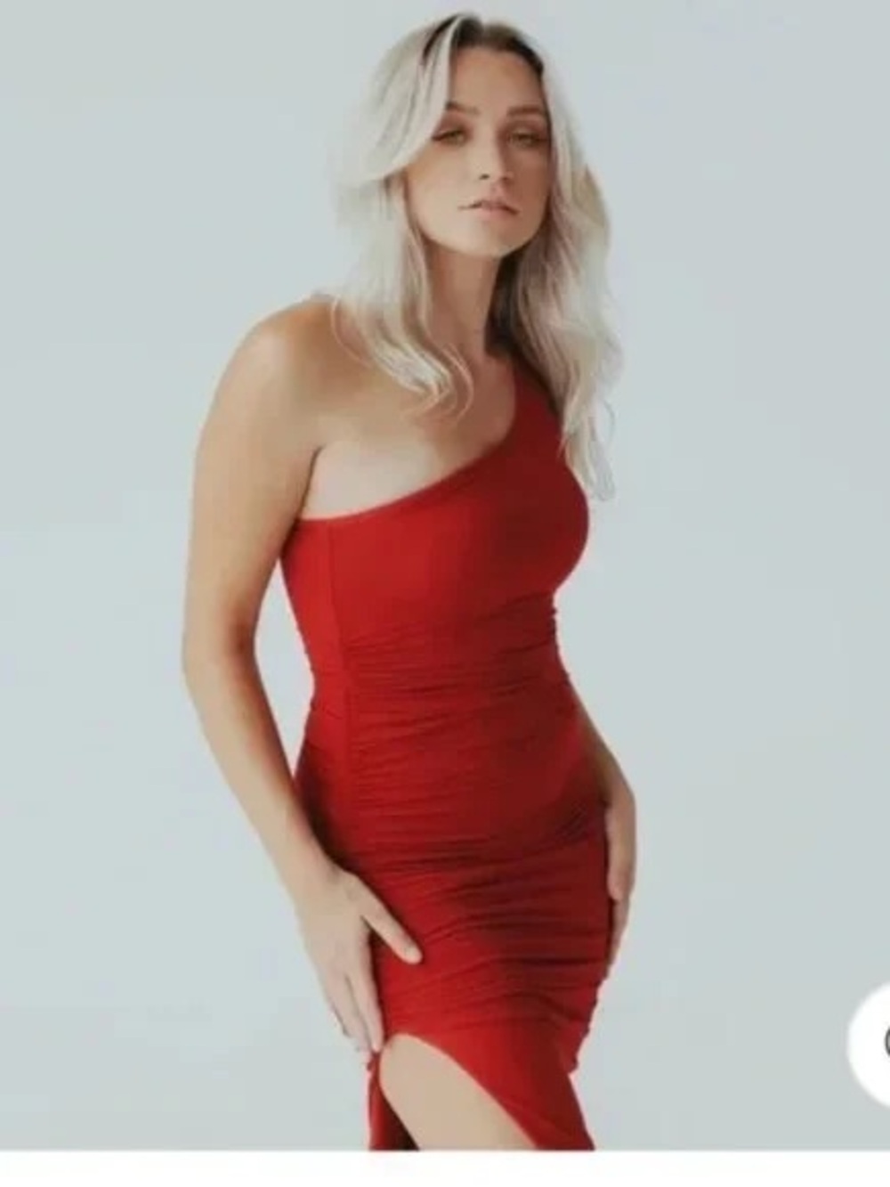 Klassy Network One-Shoulder Red Ruched Midi Dress